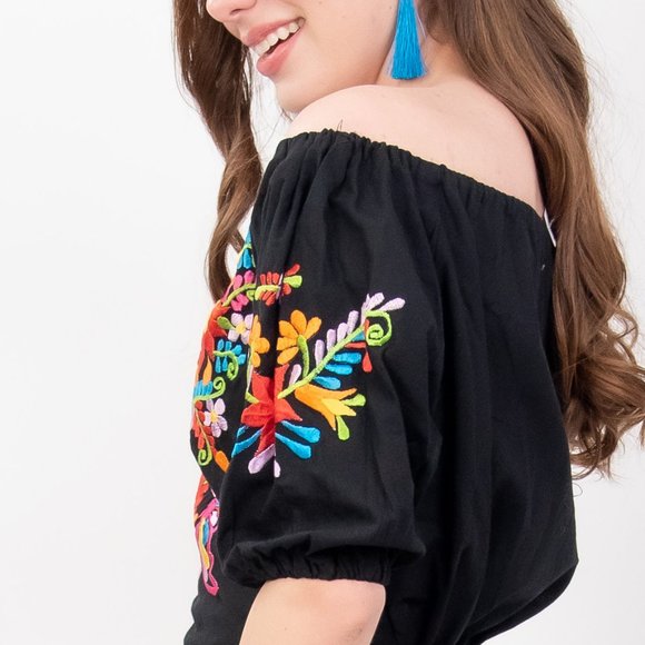 Tecali Mexican Embroidered Black Dress - Picture 4 of 7